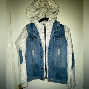 Kids/Youth Mixed Media Hooded Jean Jacket, Denim Size M